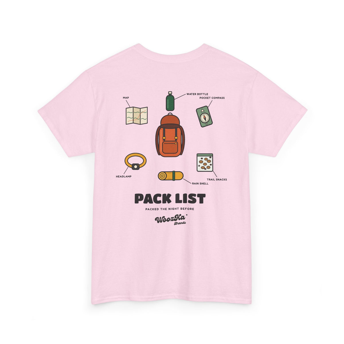 WoozKa Brands Hiking T-Shirt, Backpacking Gear List Back Print