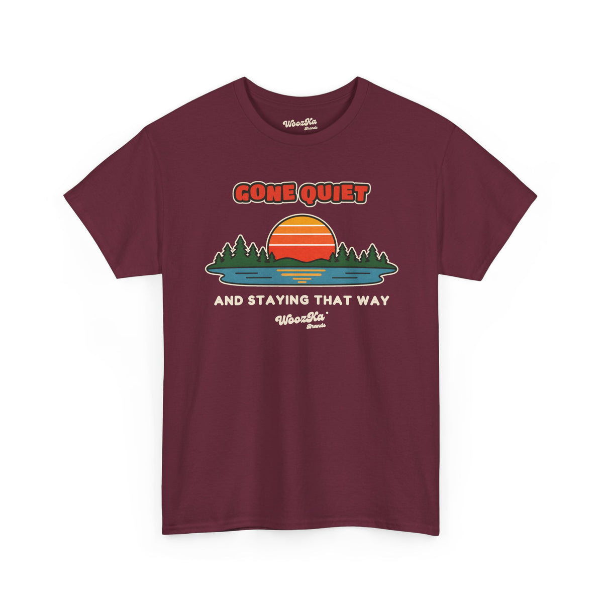 WoozKa Brands Retro Sunset Lake T-Shirt, Nature Outdoors Pine Front Print