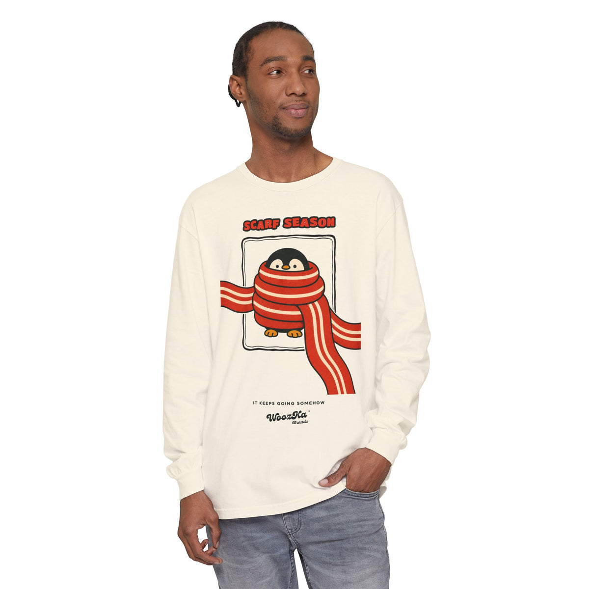 WoozKa Brands Scarf Season Penguin Long Sleeve T-Shirt, Front Graphic