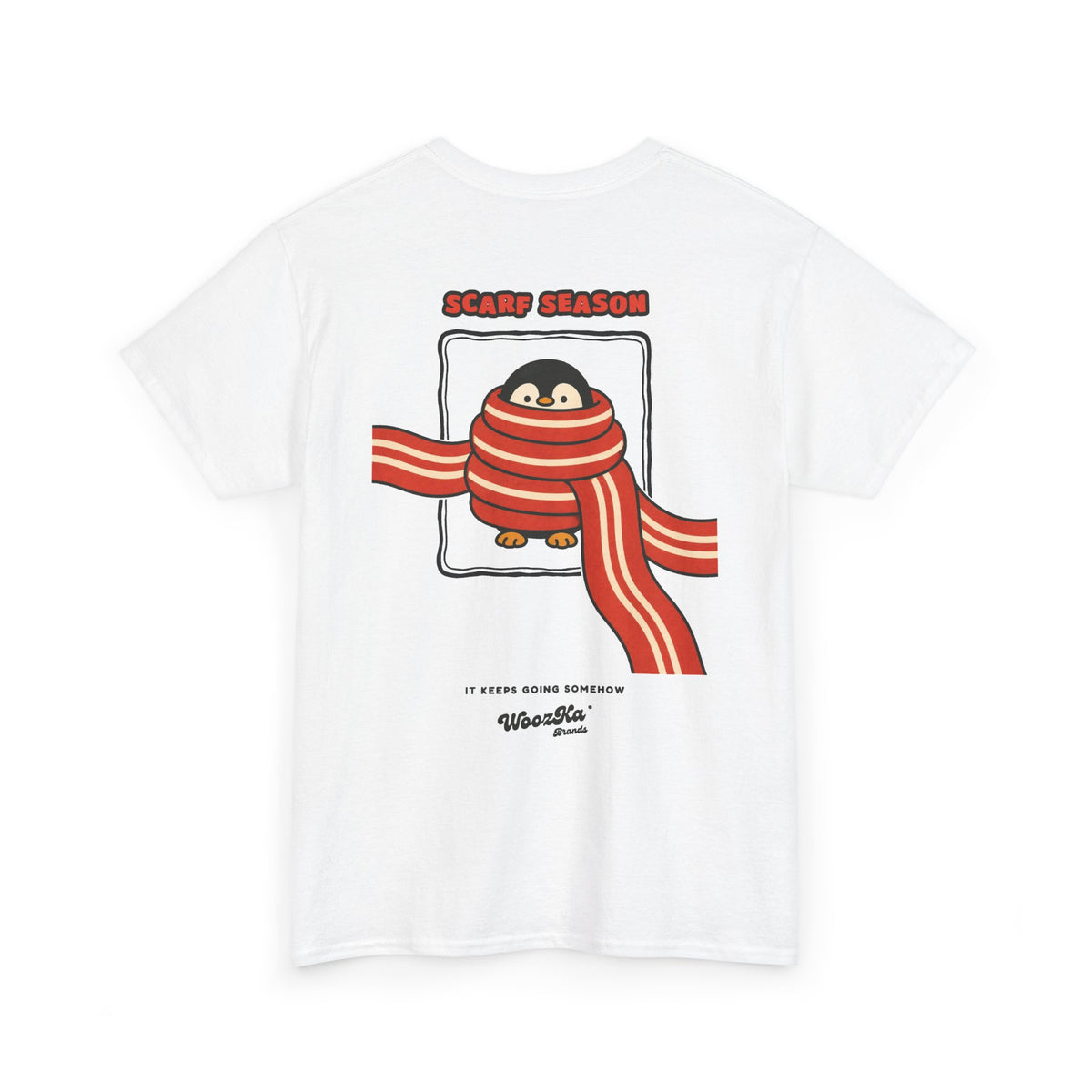 WoozKa Brands Scarf Season Penguin Heavy Cotton T-Shirt, Two-Sided Graphic