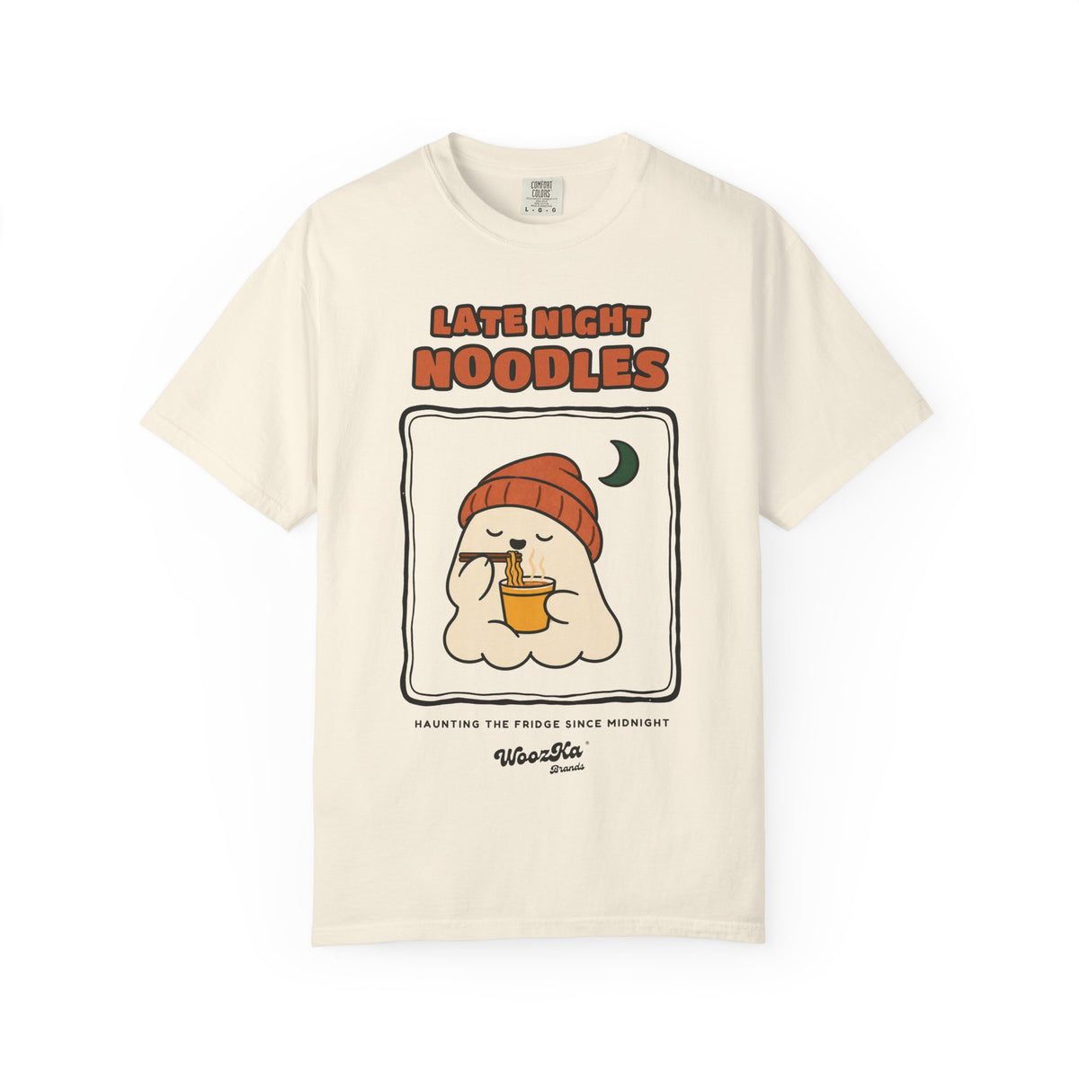 WoozKa Brands Late Night Noodles Ghost Garment-Dyed T-Shirt, Front Graphic