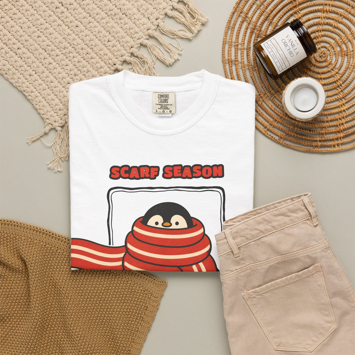 WoozKa Brands Scarf Season Penguin Garment-Dyed T-Shirt, Front Graphic