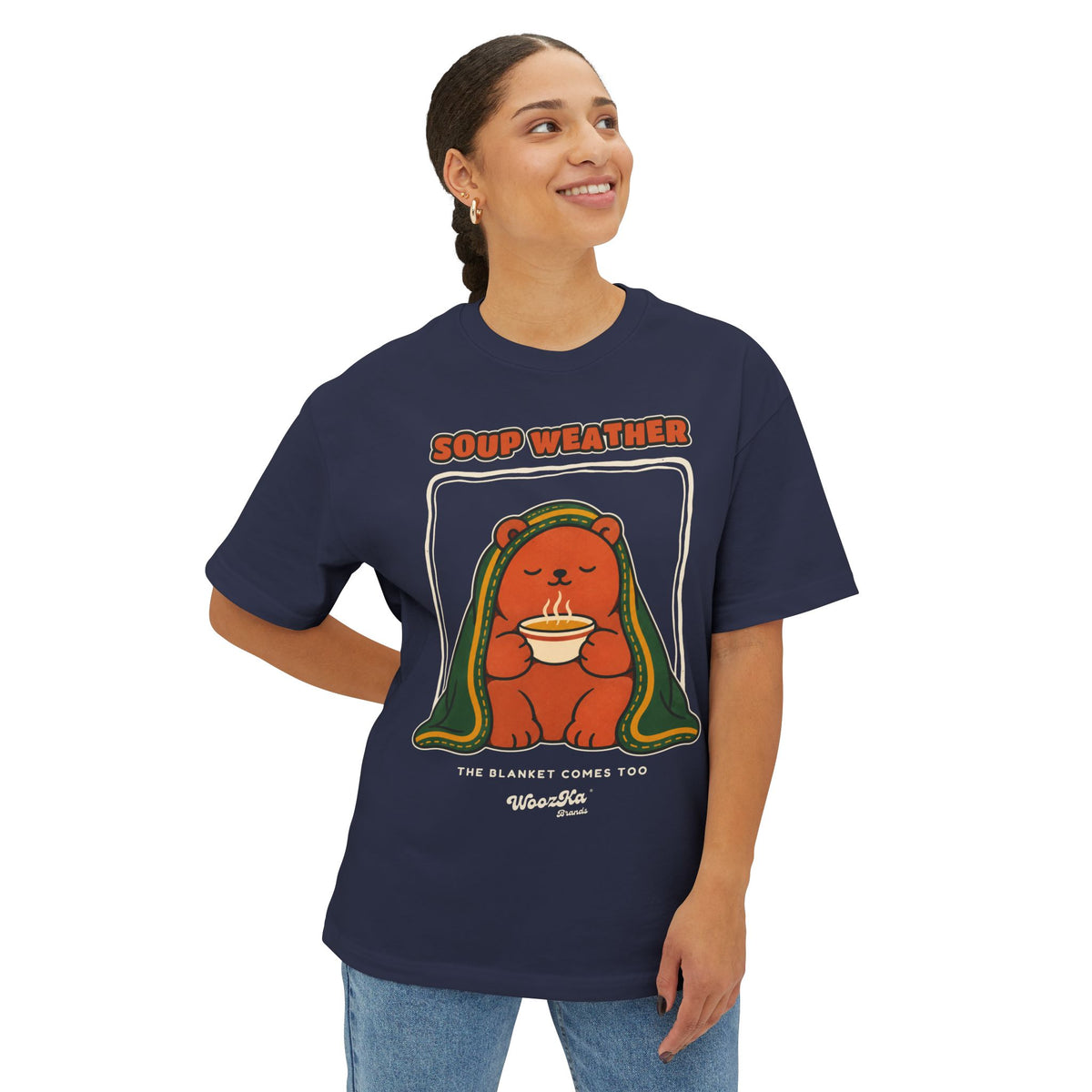 WoozKa Brands Soup Weather Bear Oversized Boxy T-Shirt, Front Graphic