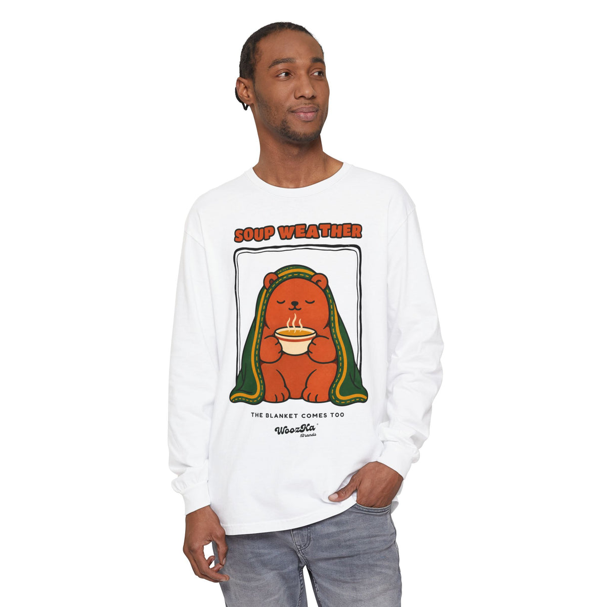 WoozKa Brands Soup Weather Bear Long Sleeve T-Shirt, Front Graphic