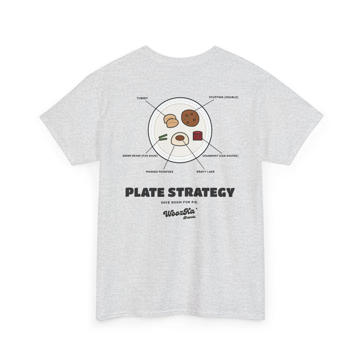 WoozKa Brands Funny Thanksgiving T-Shirt, Turkey Dinner Plate Back Print