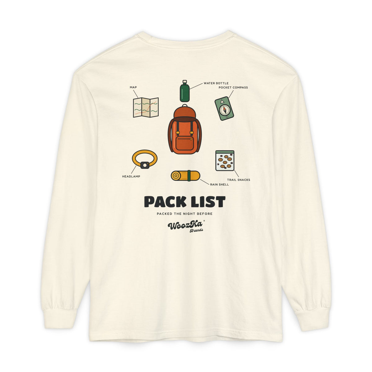 WoozKa Brands Hiking Long Sleeve Tee, Backpacking Gear List Back Print