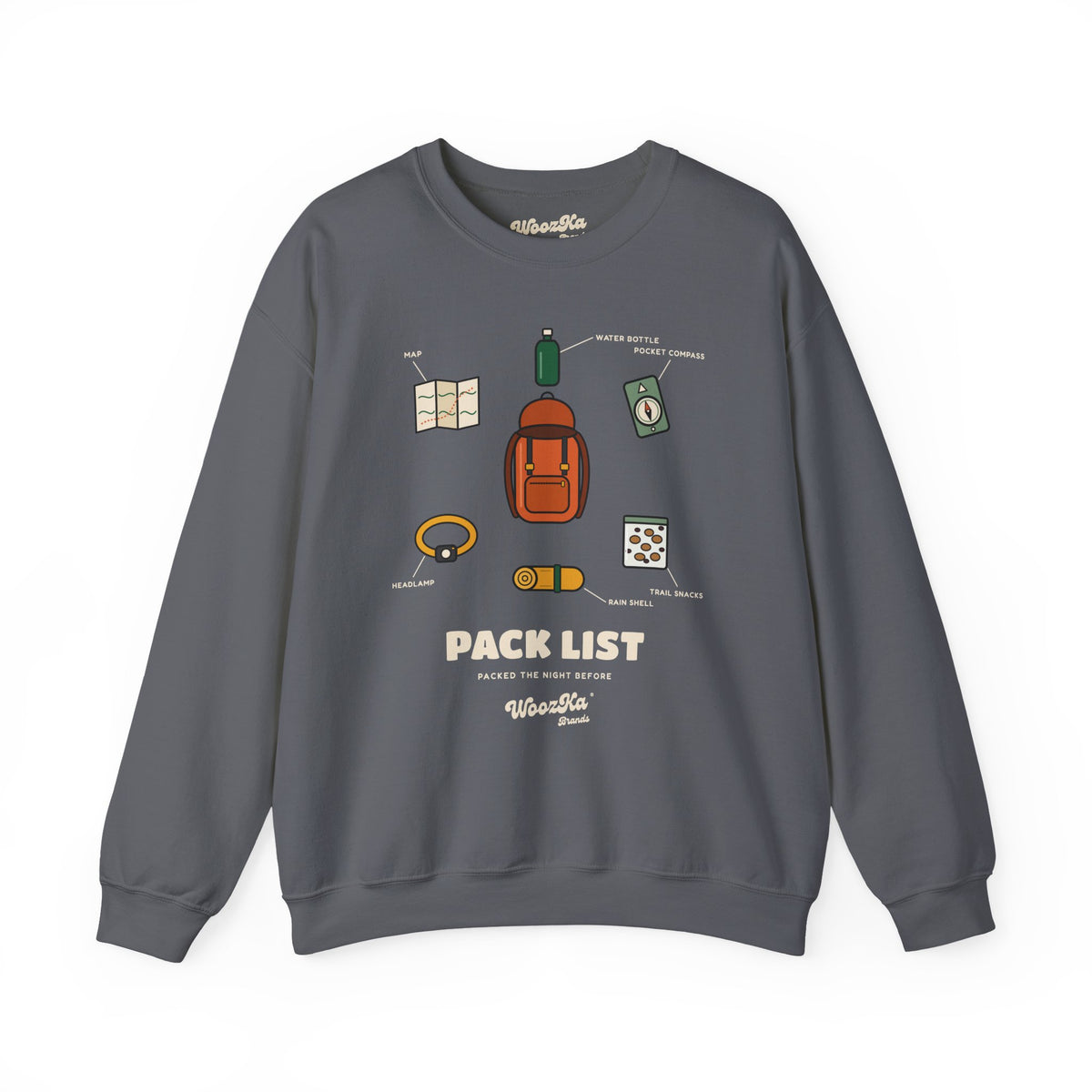 WoozKa Brands Hiking Sweatshirt, Backpacking Gear List Front Print