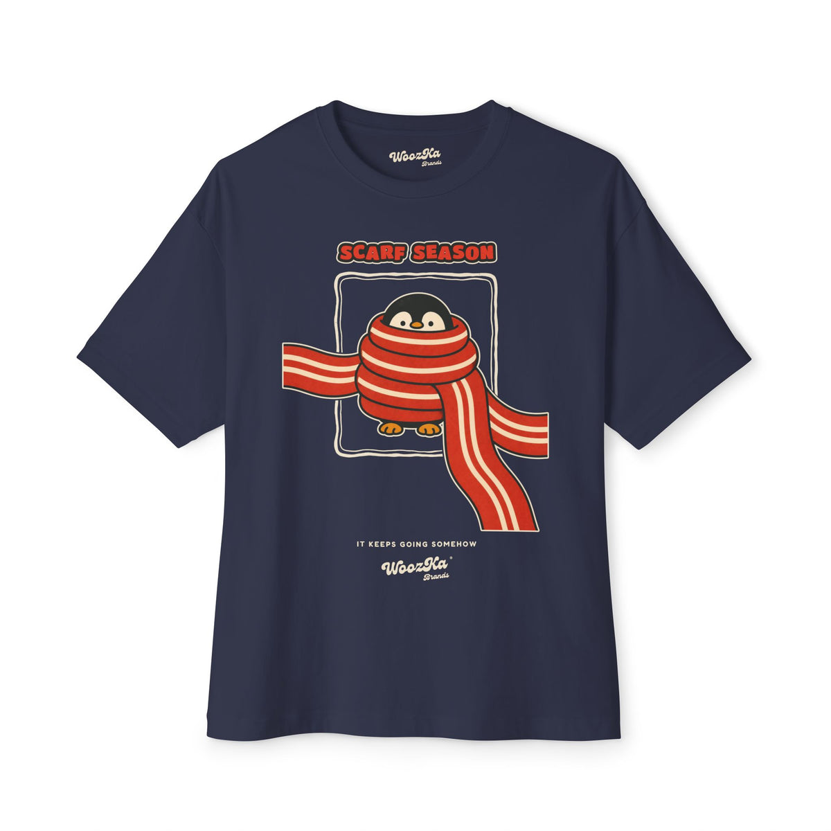 WoozKa Brands Scarf Season Penguin Oversized Boxy T-Shirt, Front Graphic