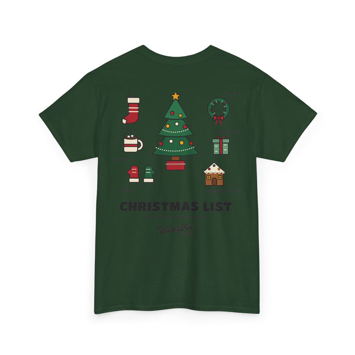 WoozKa Brands Cute Christmas Tree T-Shirt, Holiday List Back Print