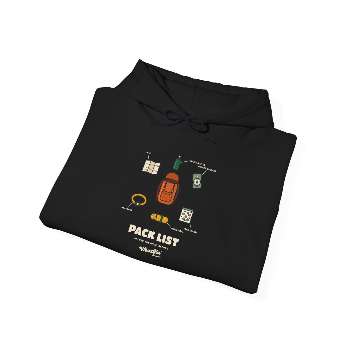 WoozKa Brands Hiking Hoodie, Backpacking Gear List Front Print