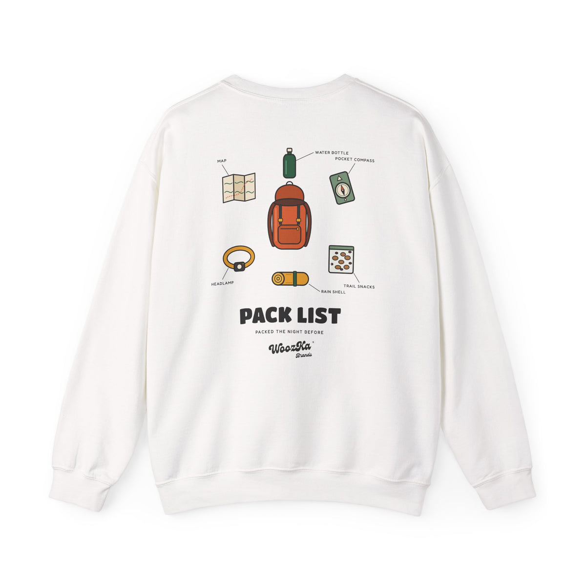 WoozKa Brands Hiking Sweatshirt, Backpacking Gear List Back Print