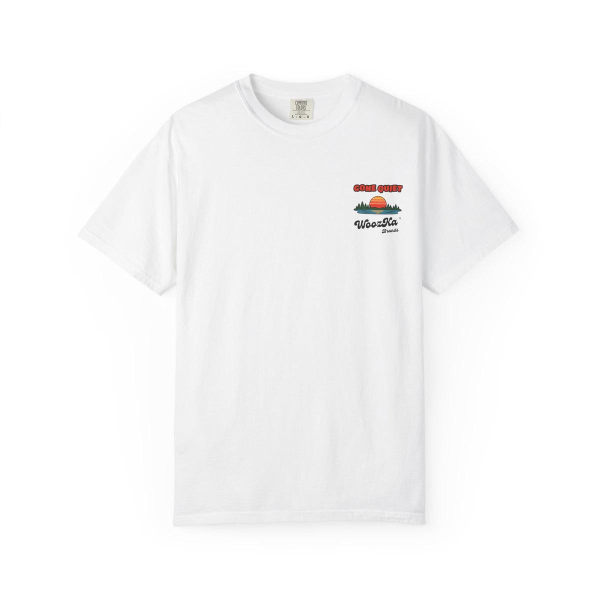 WoozKa Brands Retro Sunset Lake Heavyweight Tee, Nature Outdoors Back Print