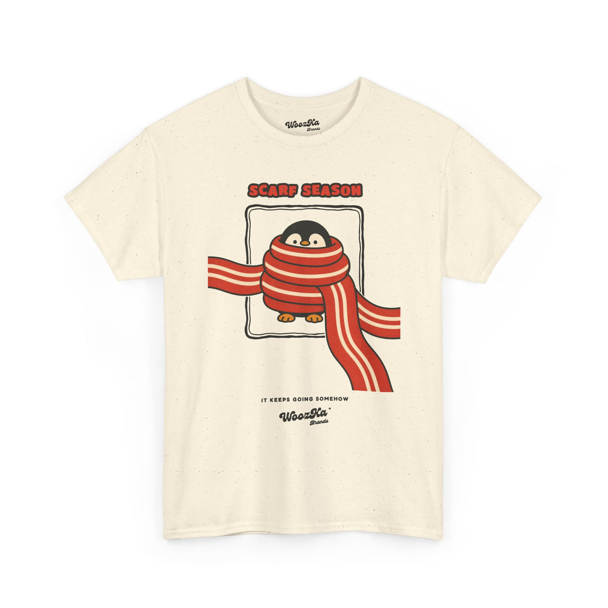 WoozKa Brands Scarf Season Penguin Heavy Cotton T-Shirt, Front Graphic