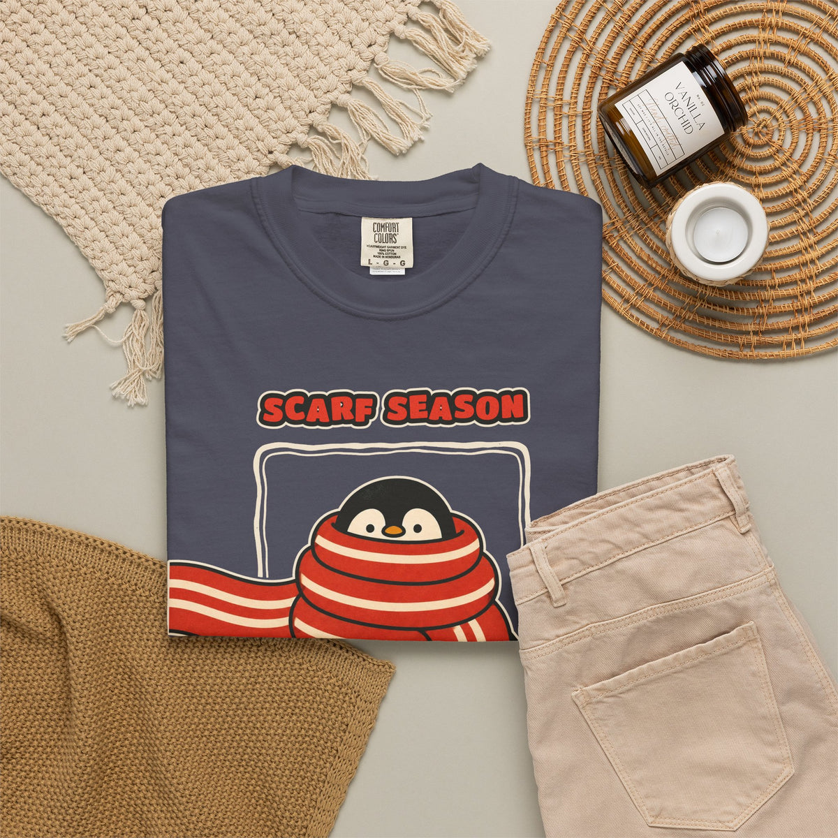 WoozKa Brands Scarf Season Penguin Garment-Dyed T-Shirt, Front Graphic