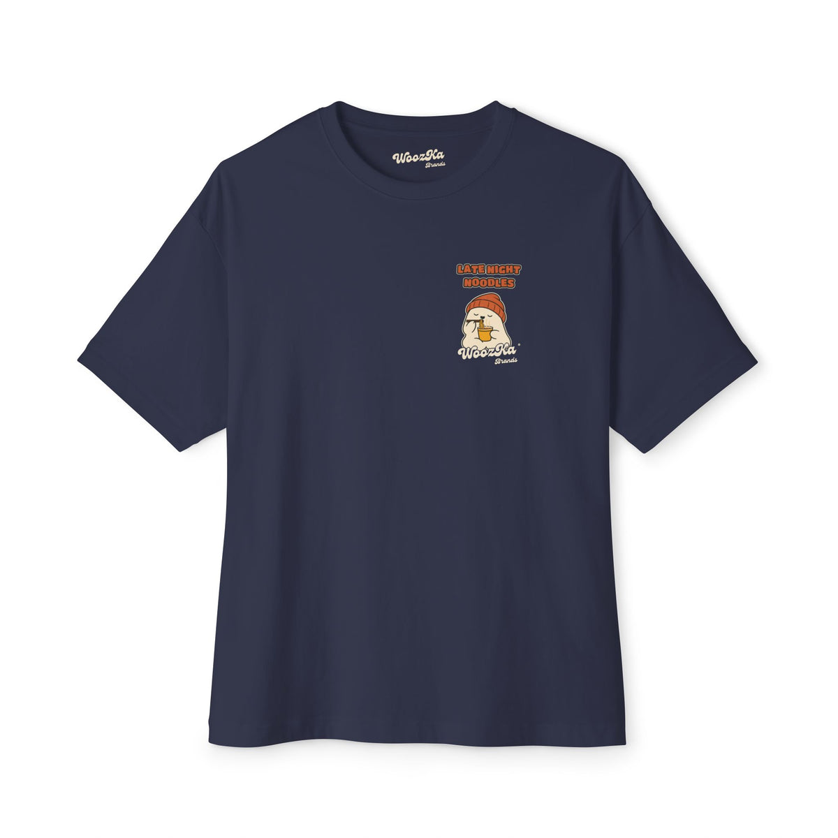 WoozKa Brands Late Night Noodles Ghost Oversized Boxy T-Shirt, Two-Sided