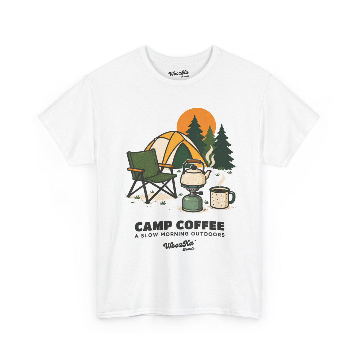 WoozKa Brands Camping Coffee T-Shirt, Outdoor Tent Kettle Front Print