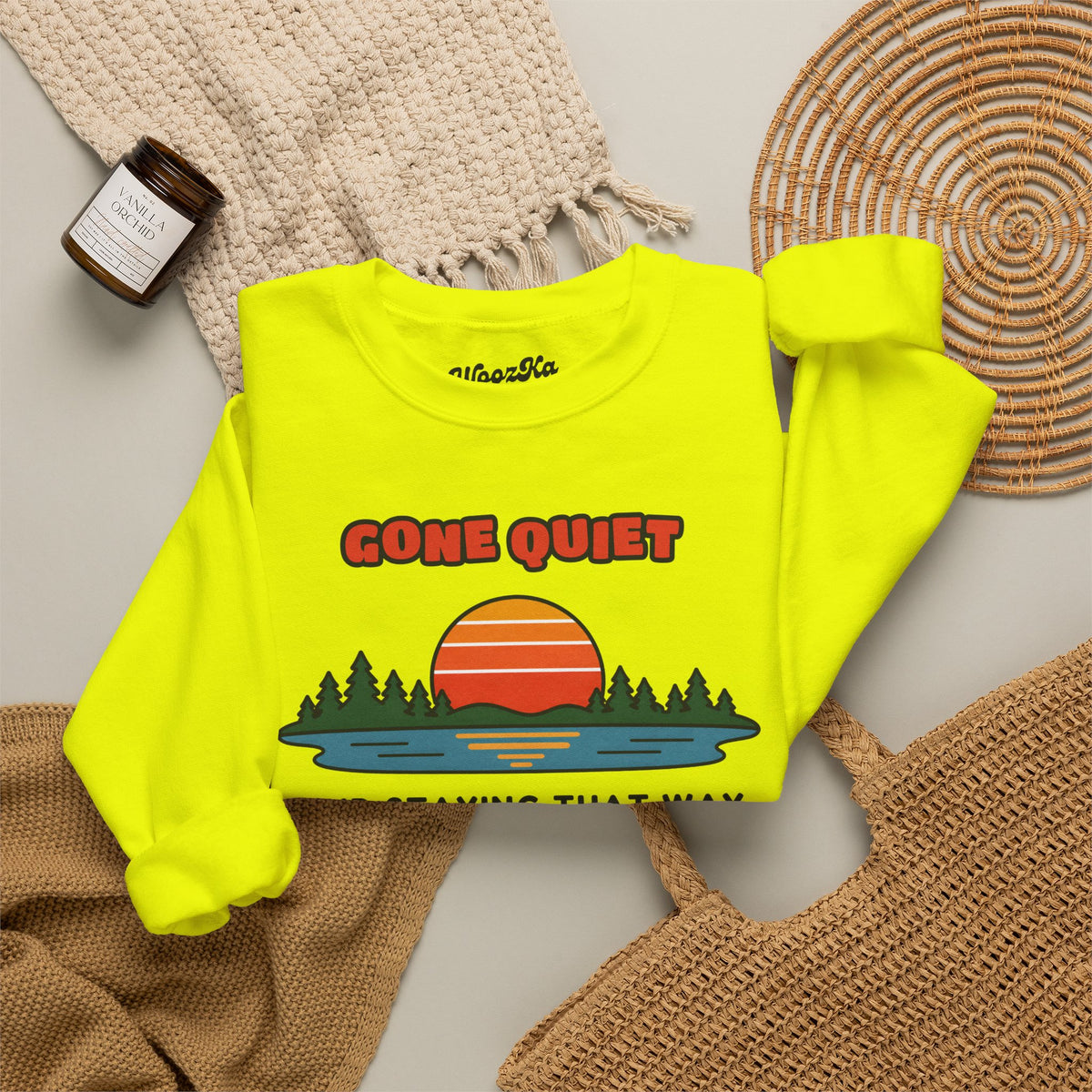 WoozKa Brands Retro Sunset Lake Sweatshirt, Nature Outdoors Front Print