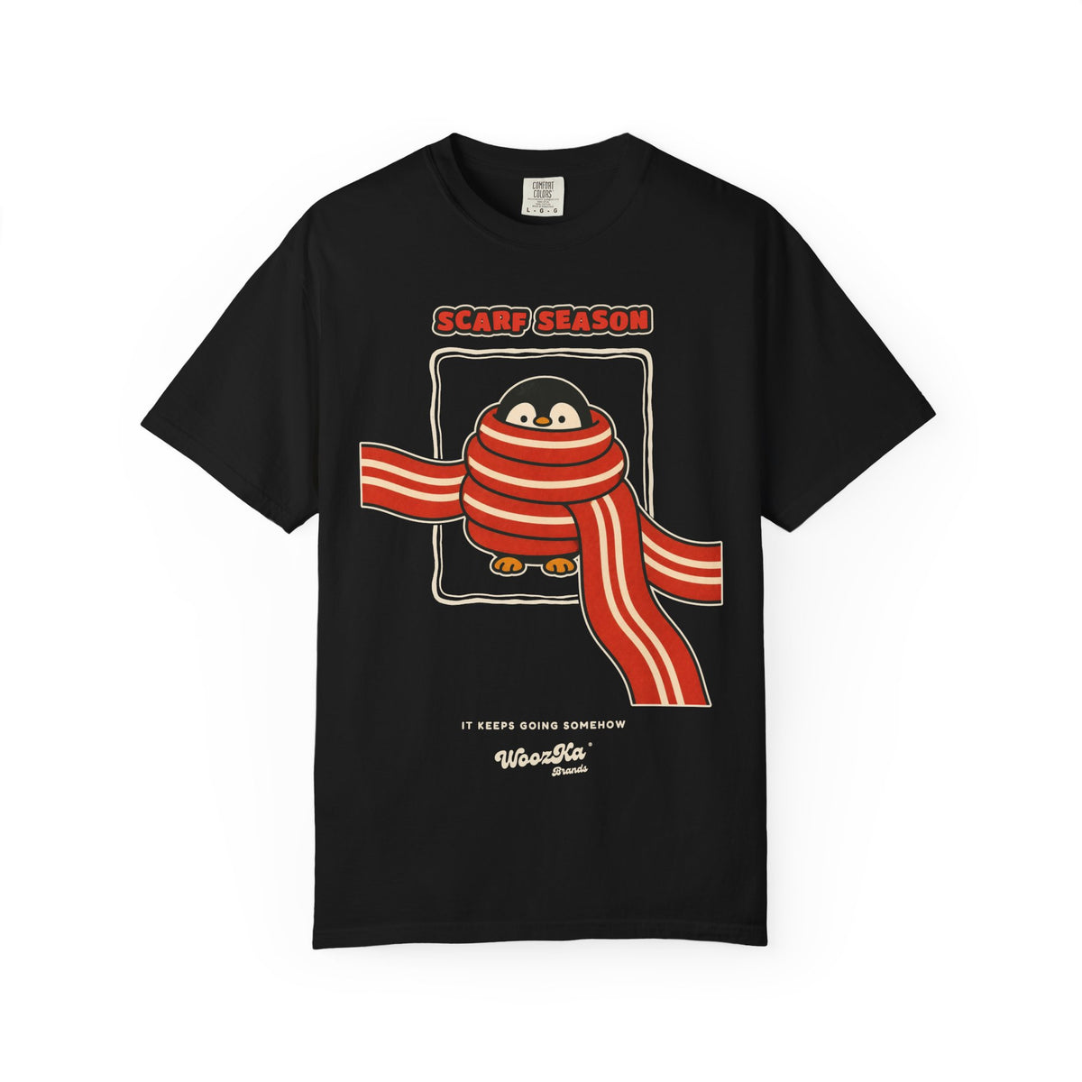 WoozKa Brands Scarf Season Penguin Garment-Dyed T-Shirt, Front Graphic