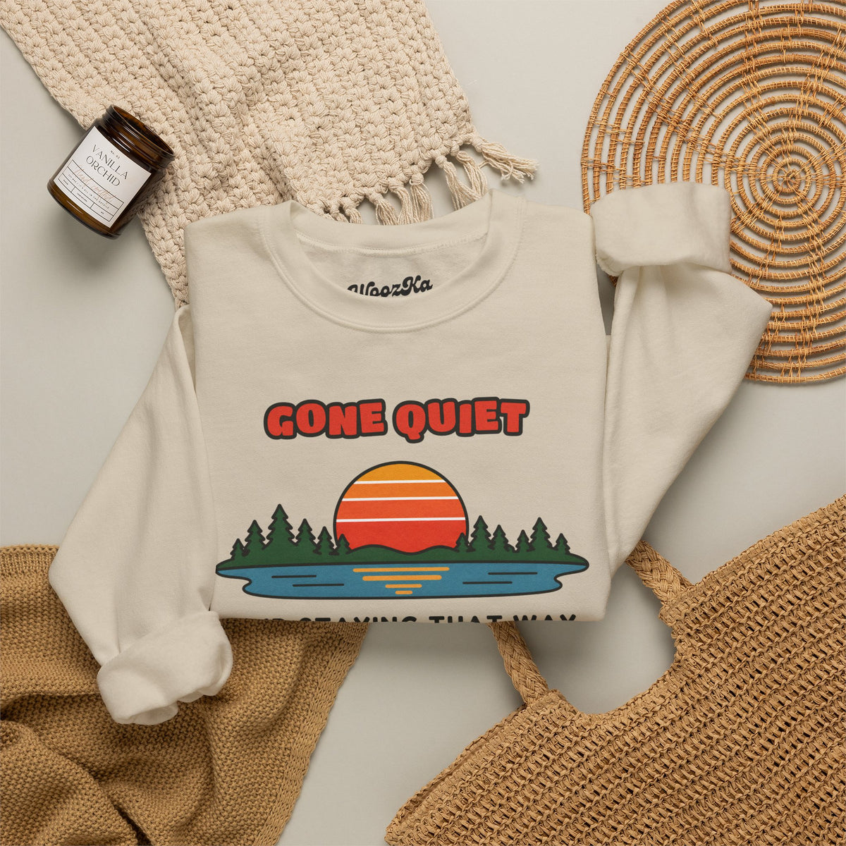 WoozKa Brands Retro Sunset Lake Sweatshirt, Nature Outdoors Front Print