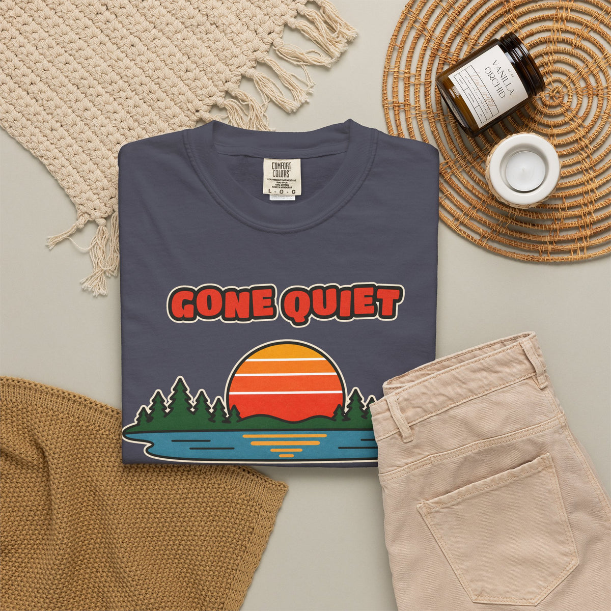 WoozKa Brands Retro Sunset Lake Heavyweight Tee, Nature Front Print