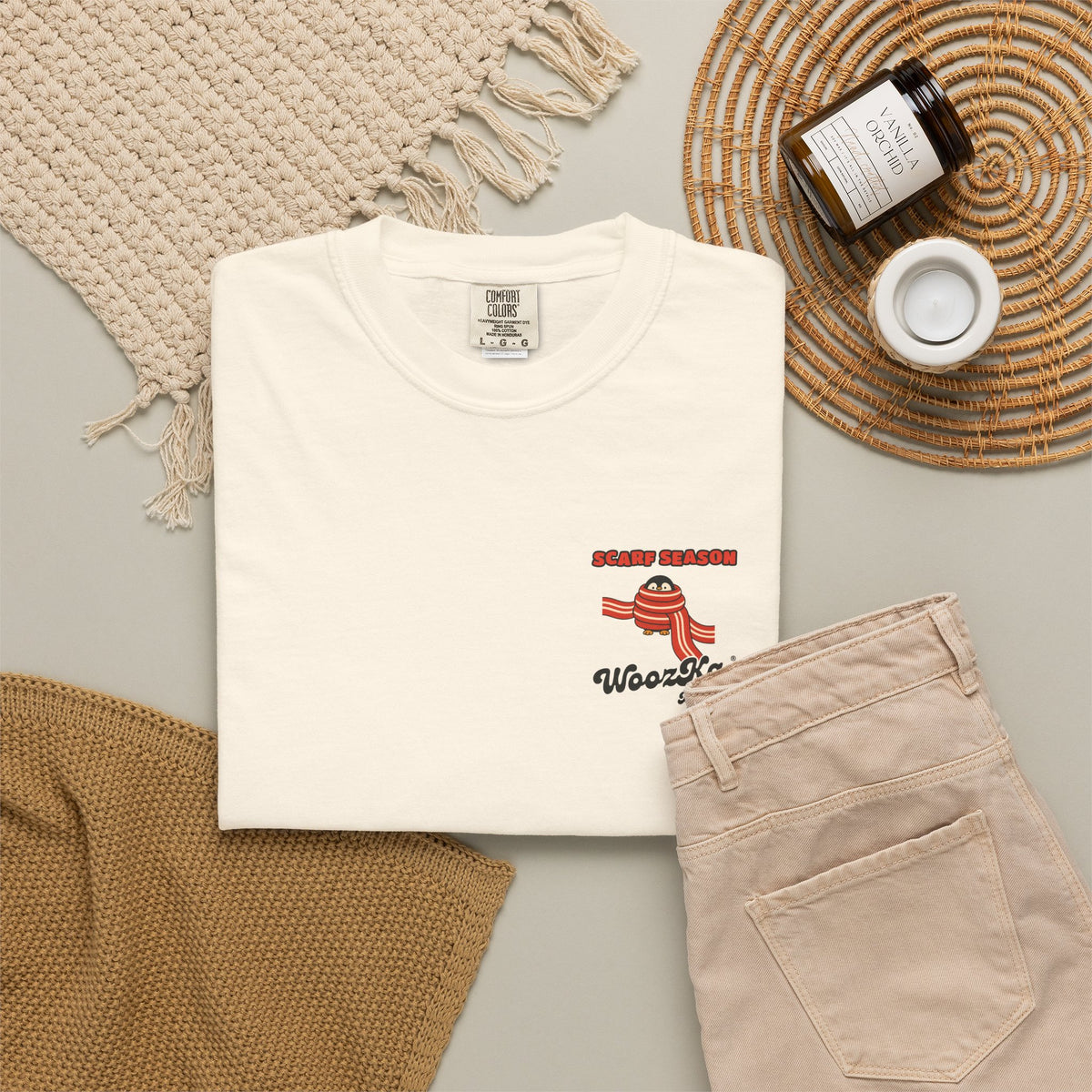 WoozKa Brands Scarf Season Penguin Garment-Dyed T-Shirt, Two-Sided Graphic