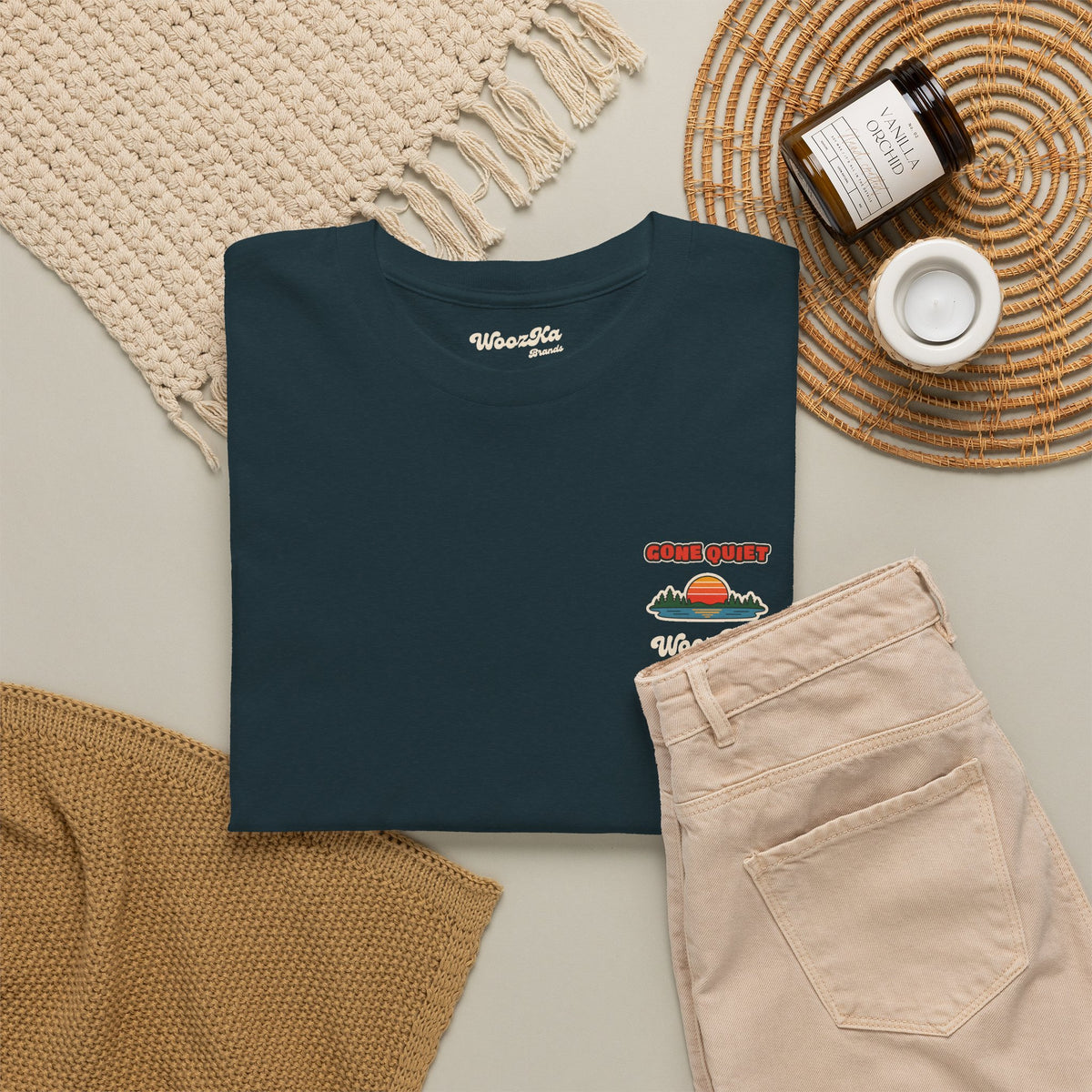 WoozKa Brands Retro Sunset Lake T-Shirt, Nature Outdoors Pine Back Print