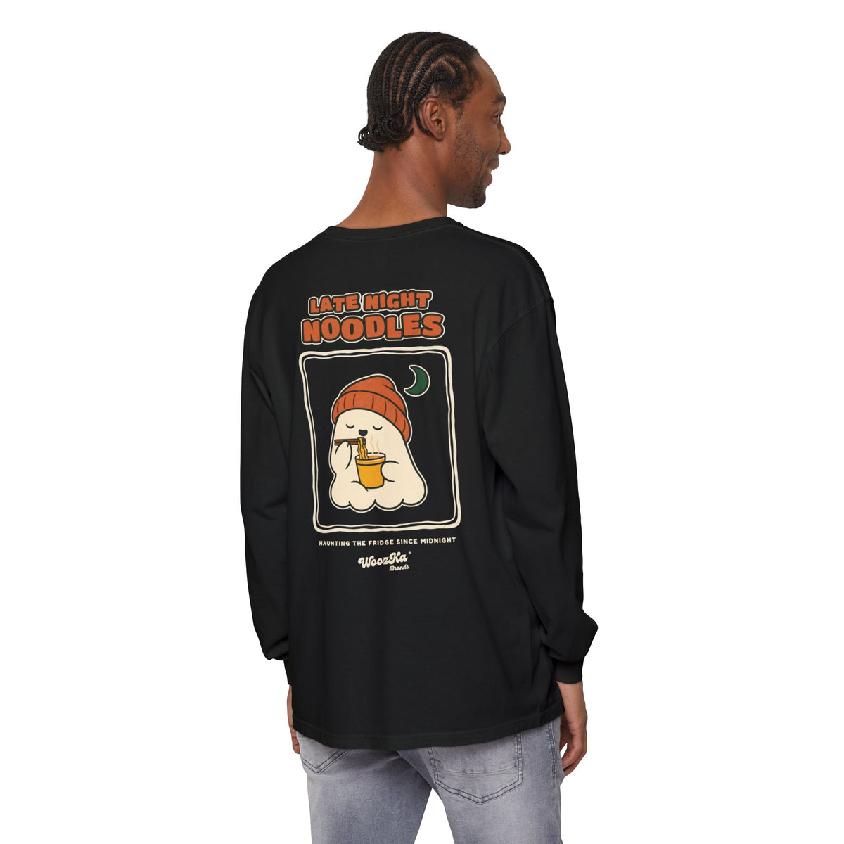 WoozKa Brands Late Night Noodles Ghost Long Sleeve T-Shirt, Two-Sided