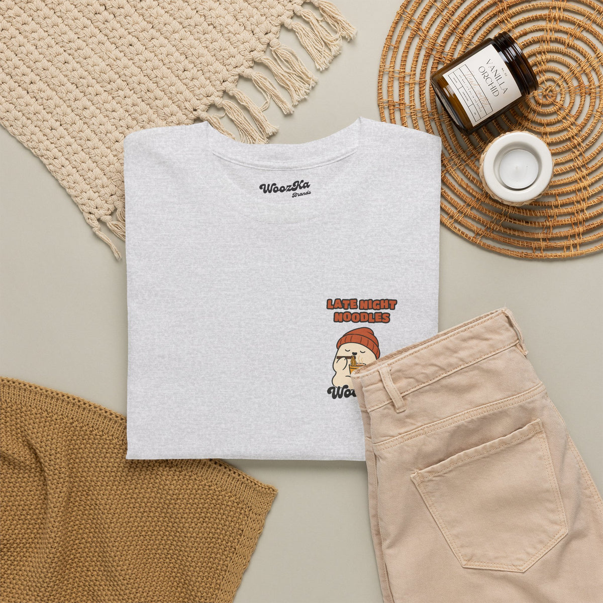 WoozKa Brands Late Night Noodles Ghost Heavy Cotton T-Shirt, Two-Sided