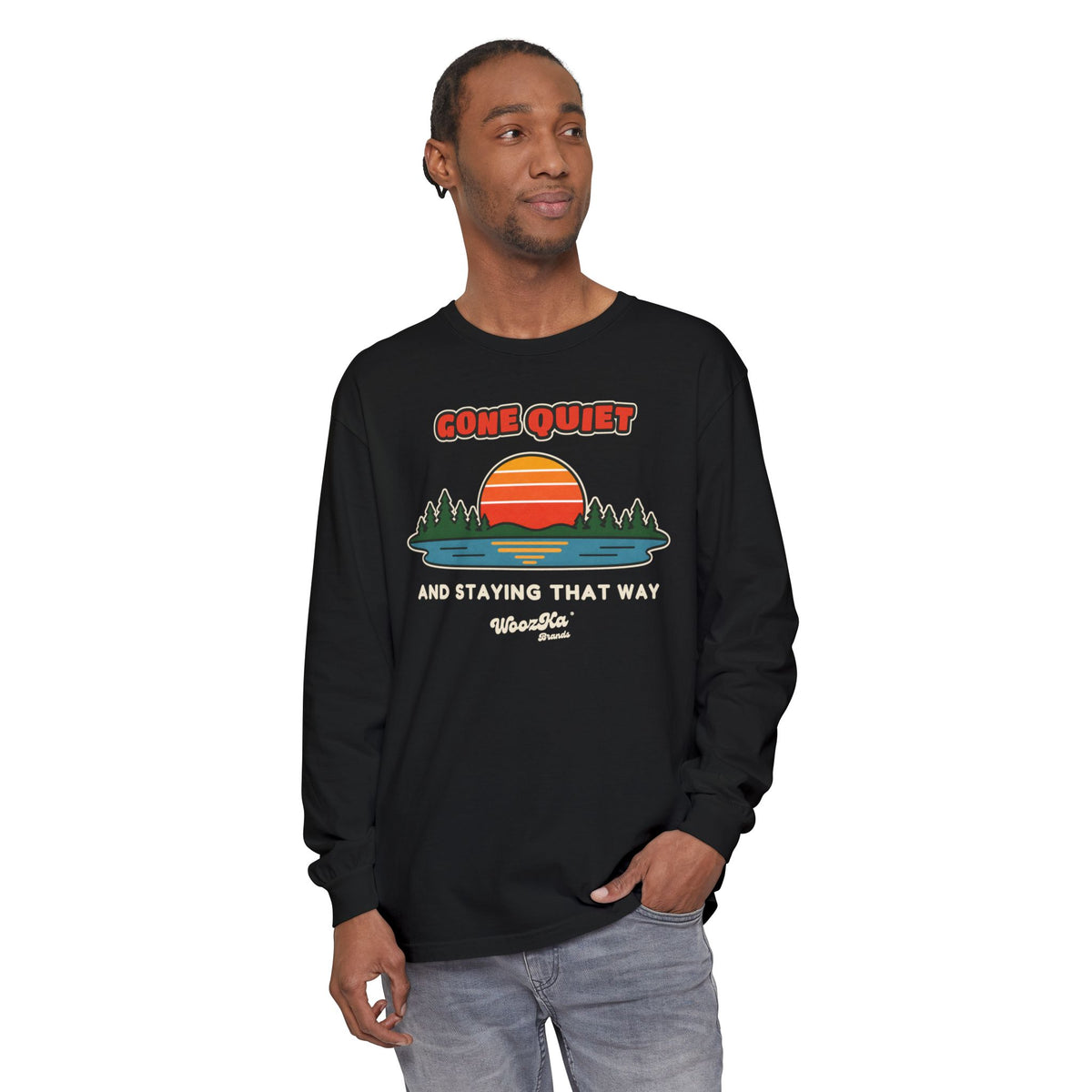 WoozKa Brands Retro Sunset Lake Long Sleeve Tee, Nature Front Print