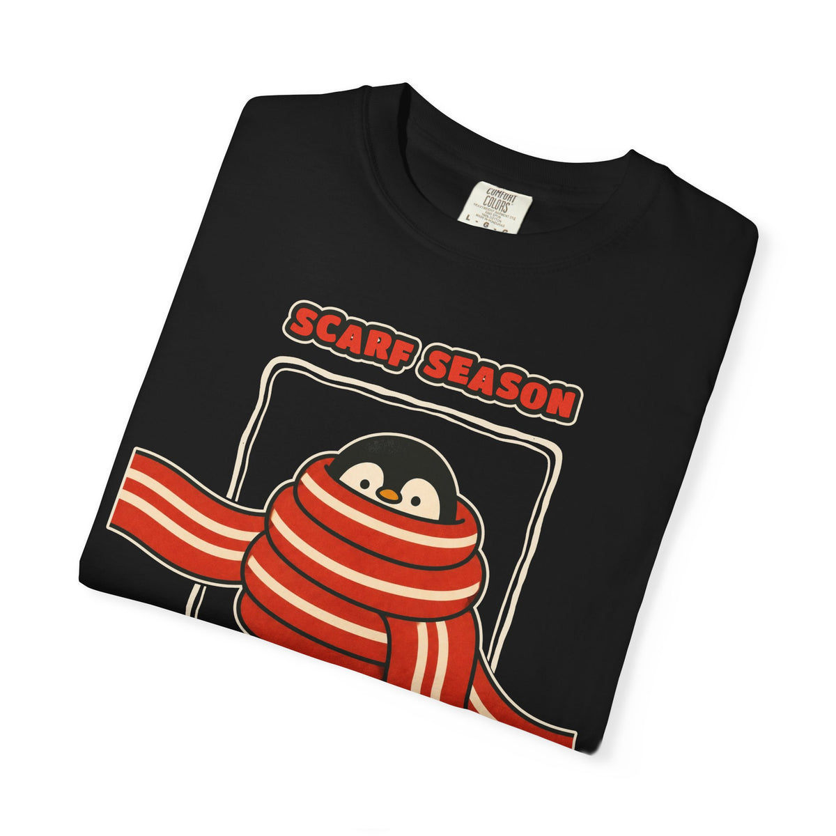 WoozKa Brands Scarf Season Penguin Garment-Dyed T-Shirt, Front Graphic
