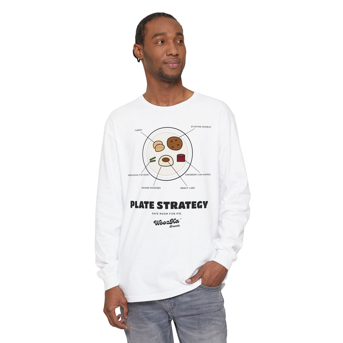 WoozKa Brands Funny Thanksgiving Long Sleeve Tee, Turkey Dinner Front Print