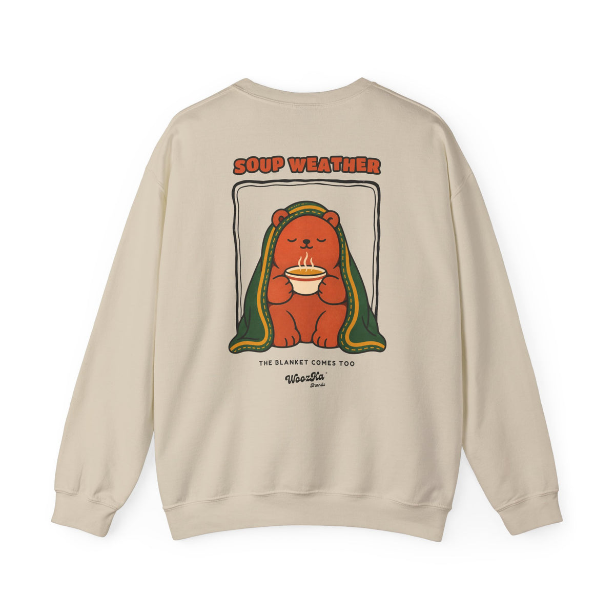 WoozKa Brands Soup Weather Bear Crewneck Sweatshirt, Front and Back Graphic