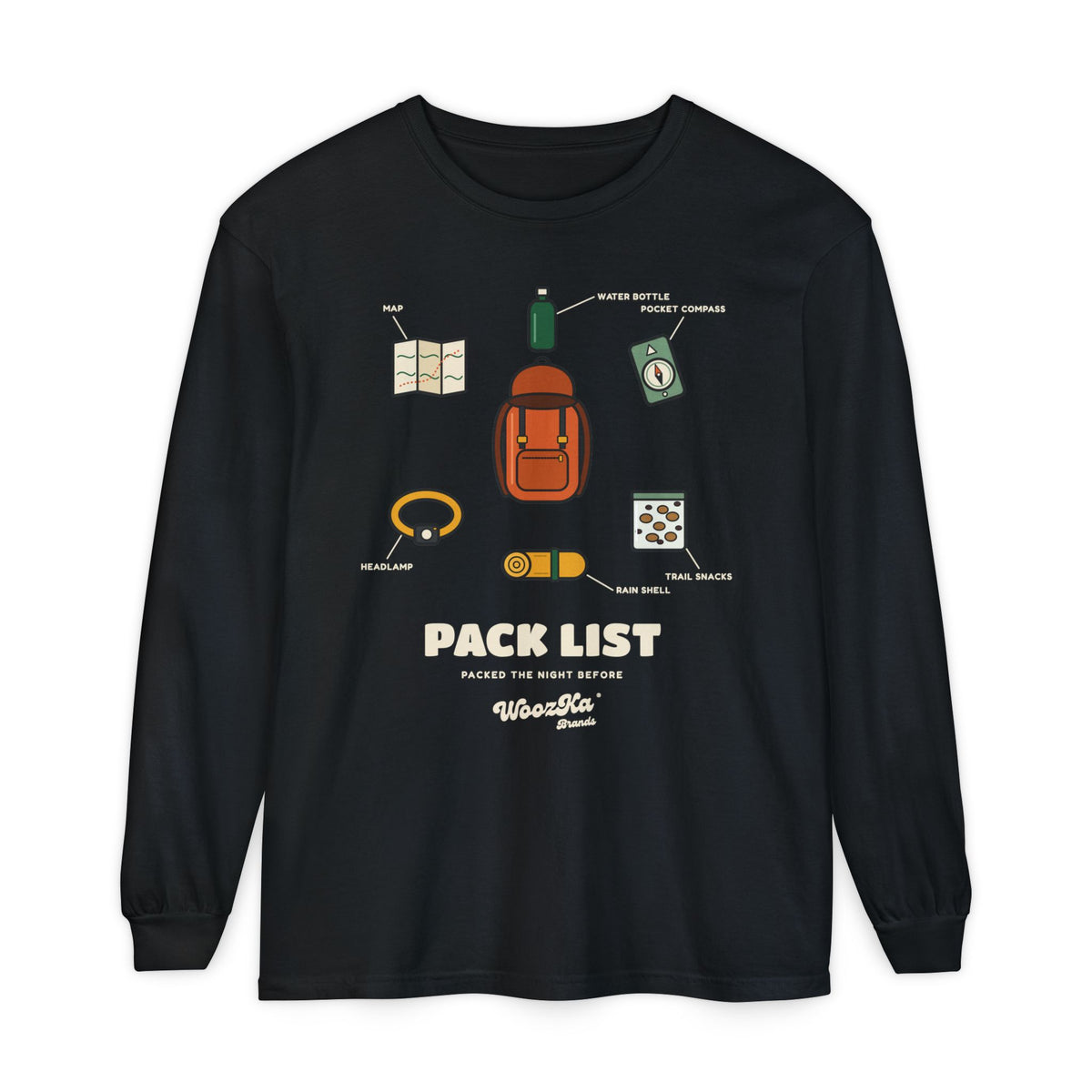 WoozKa Brands Hiking Long Sleeve Tee, Backpacking Gear List Front Print