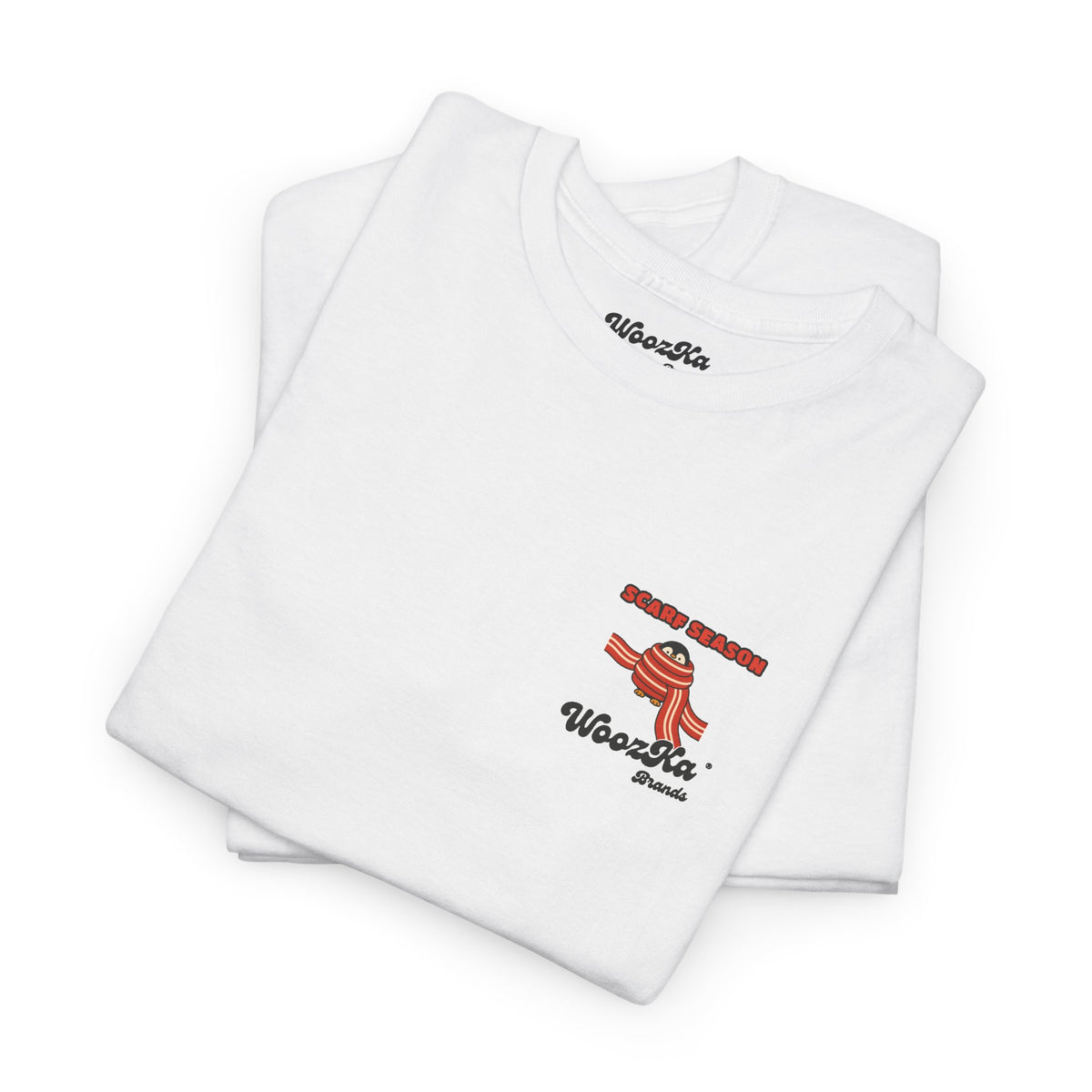 WoozKa Brands Scarf Season Penguin Heavy Cotton T-Shirt, Two-Sided Graphic