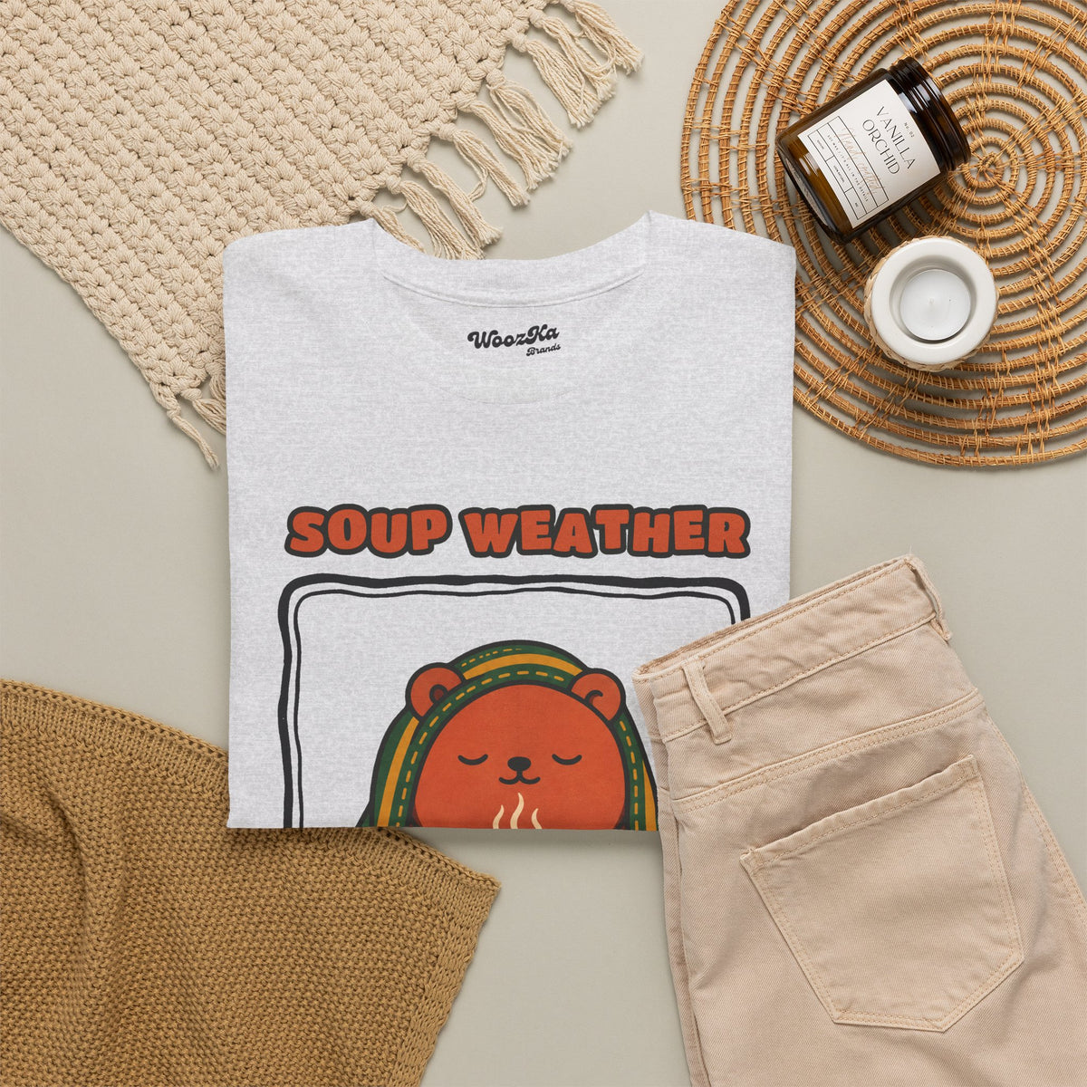 WoozKa Brands Soup Weather Bear Heavy Cotton T-Shirt, Front Graphic