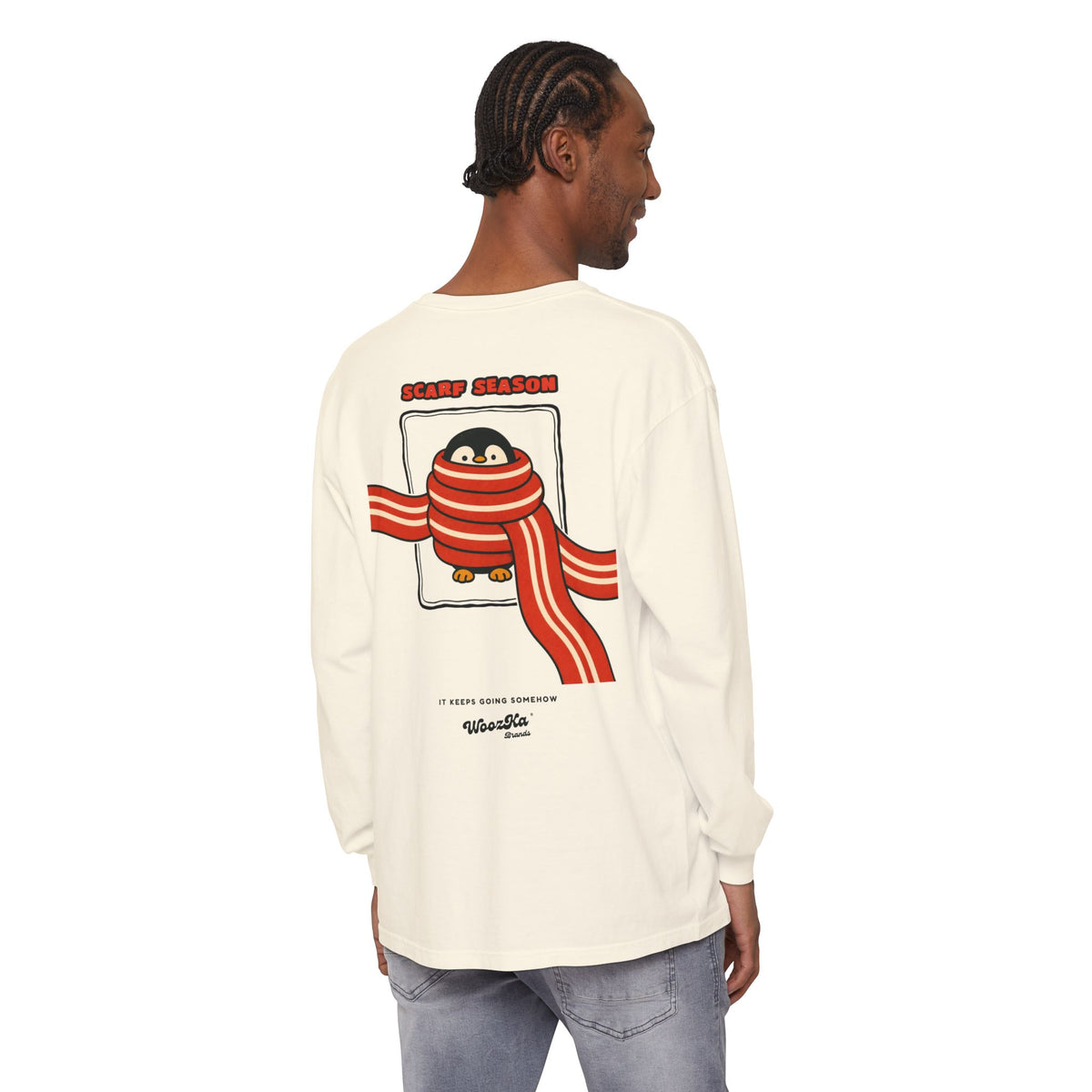 WoozKa Brands Scarf Season Penguin Long Sleeve T-Shirt, Two-Sided Graphic