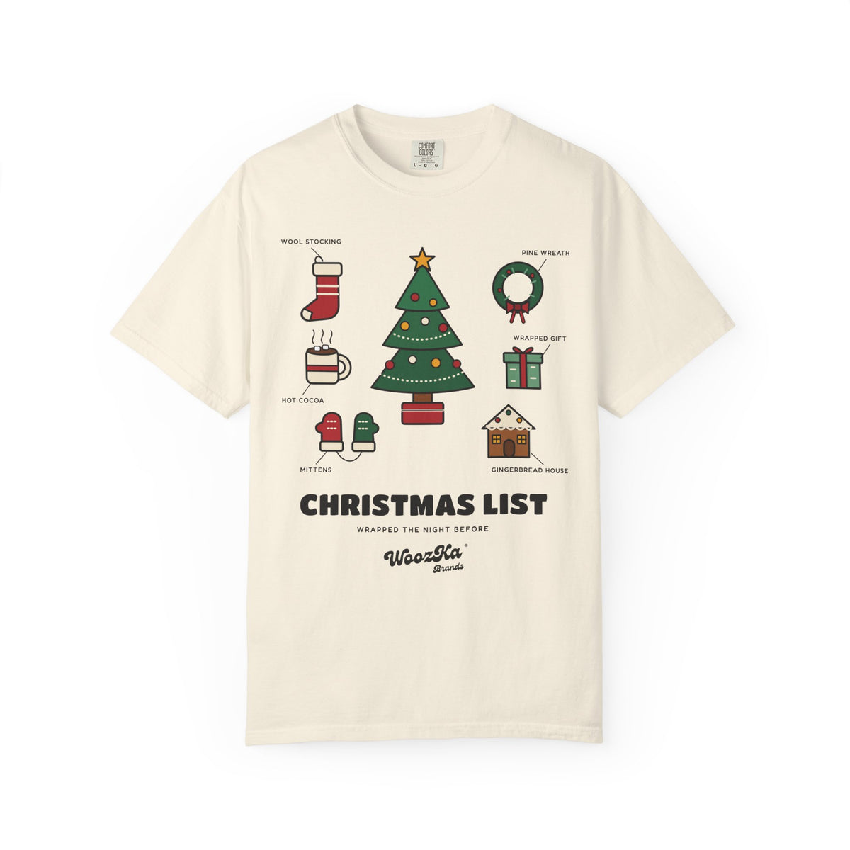 WoozKa Brands Cute Christmas Tree Heavyweight Tee, Holiday List Front Print