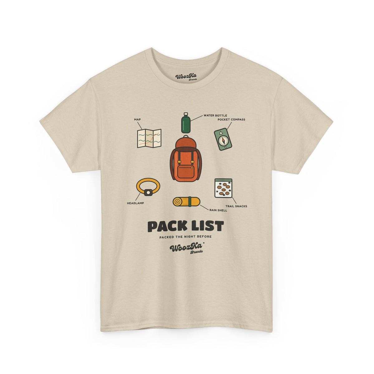 WoozKa Brands Hiking T-Shirt, Backpacking Gear List Front Print