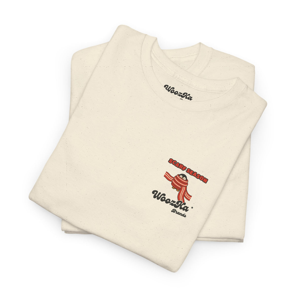 WoozKa Brands Scarf Season Penguin Heavy Cotton T-Shirt, Two-Sided Graphic