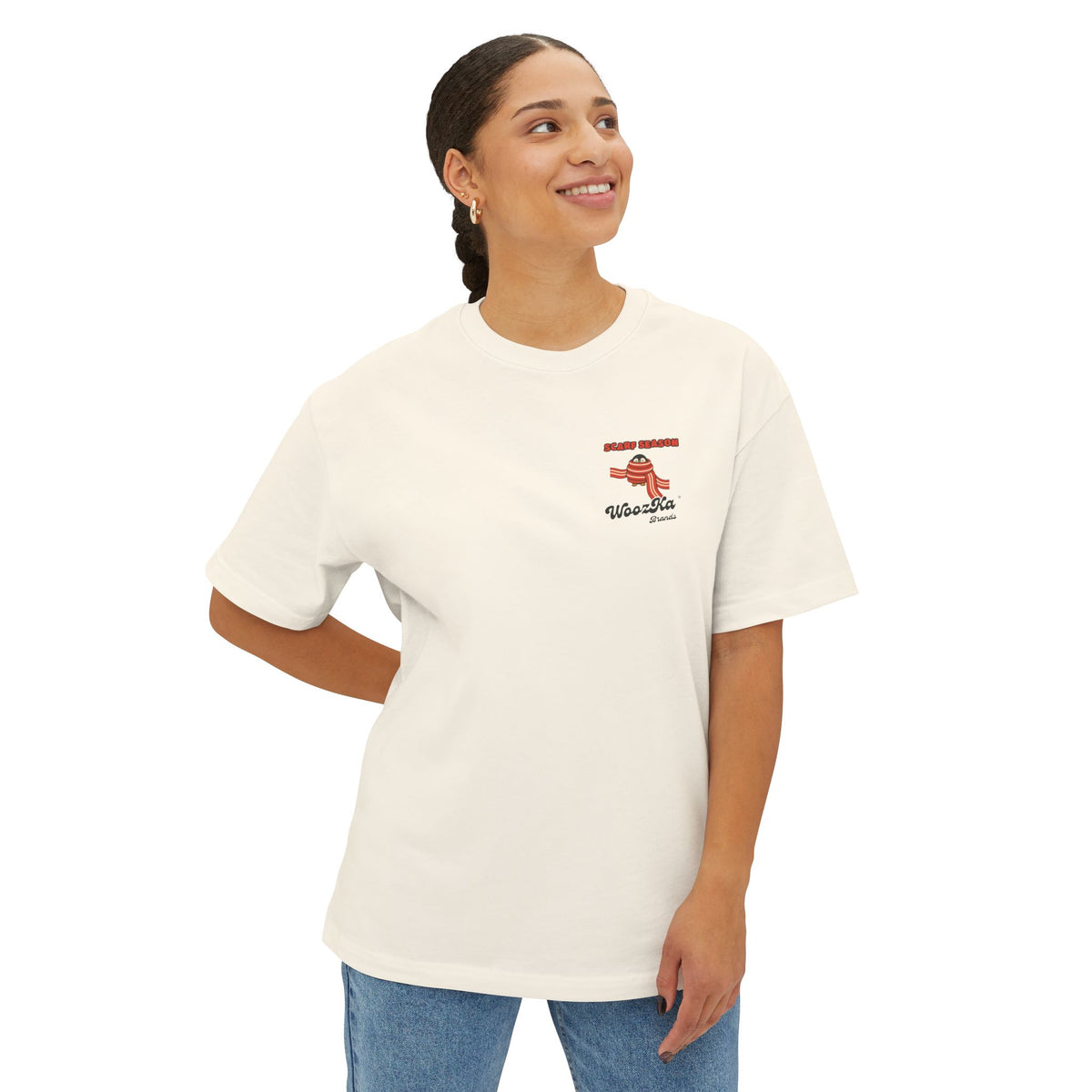 WoozKa Brands Scarf Season Penguin Oversized Boxy T-Shirt, Two-Sided
