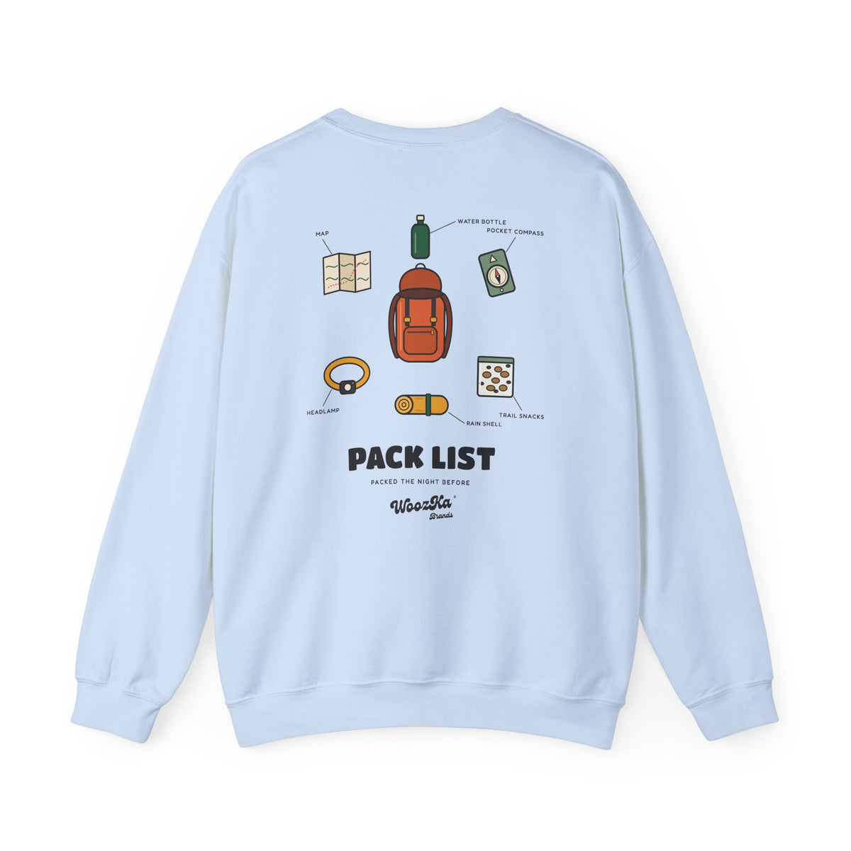 WoozKa Brands Hiking Sweatshirt, Backpacking Gear List Back Print