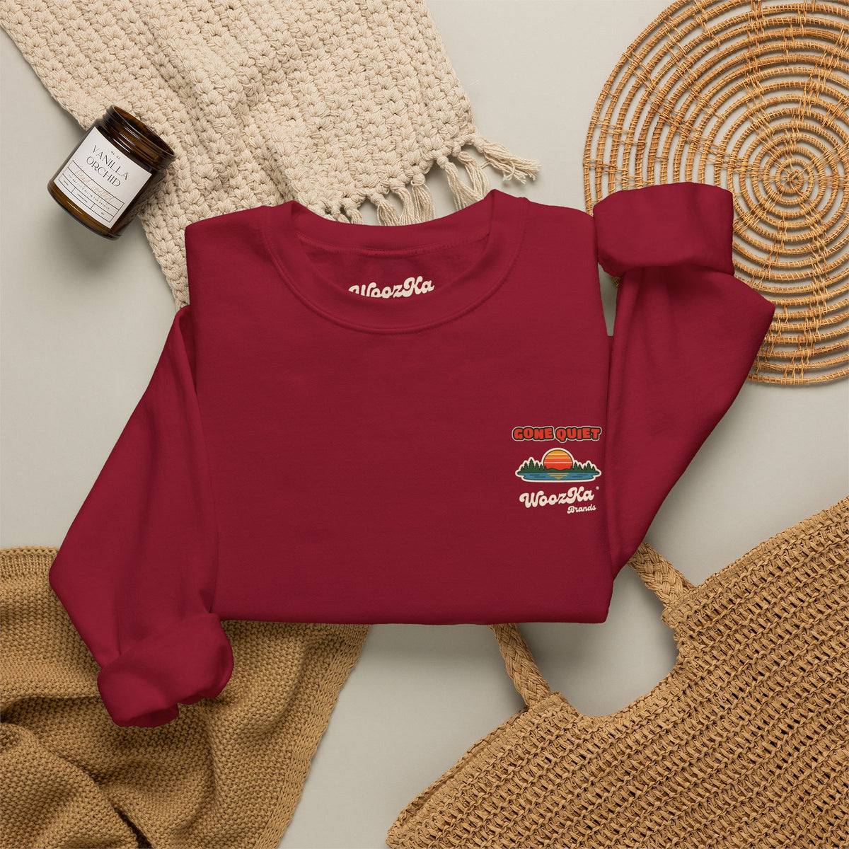 WoozKa Brands Retro Sunset Lake Sweatshirt, Nature Outdoors Pine Back Print