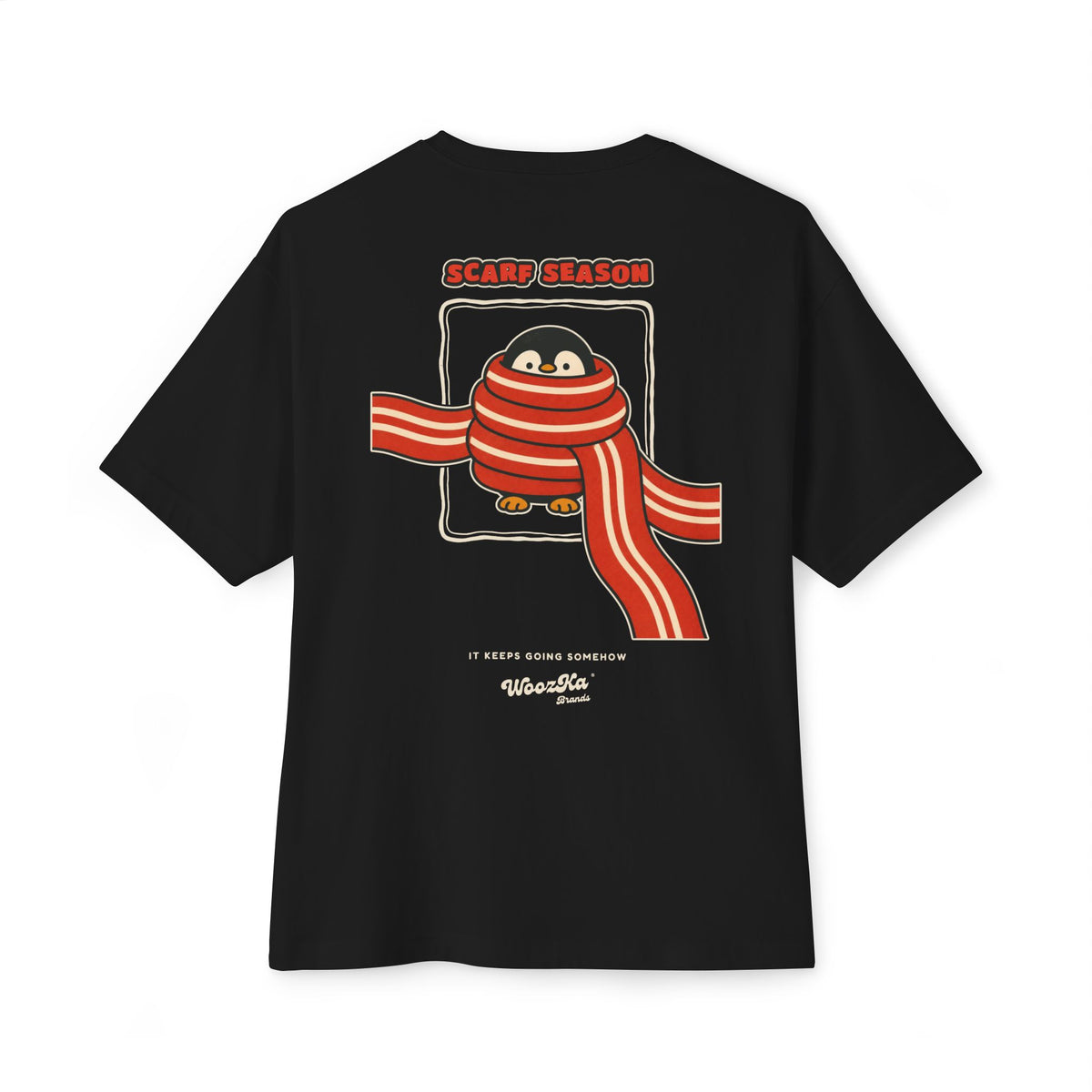 WoozKa Brands Scarf Season Penguin Oversized Boxy T-Shirt, Two-Sided