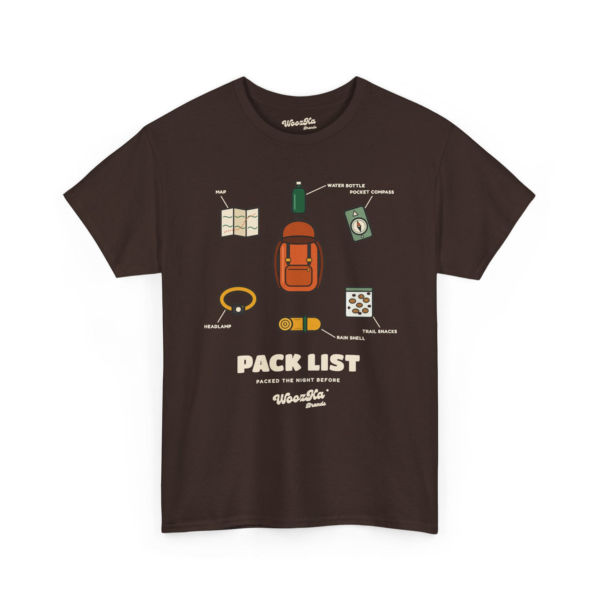 WoozKa Brands Hiking T-Shirt, Backpacking Gear List Front Print