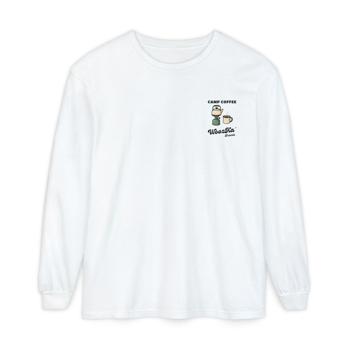 WoozKa Brands Camping Coffee Long Sleeve Tee, Outdoor Tent Back Print