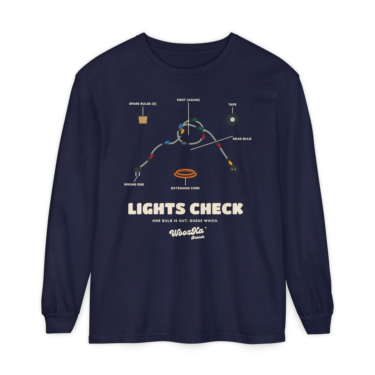 WoozKa Brands Christmas Lights Long Sleeve Tee, Funny Holiday Front Print