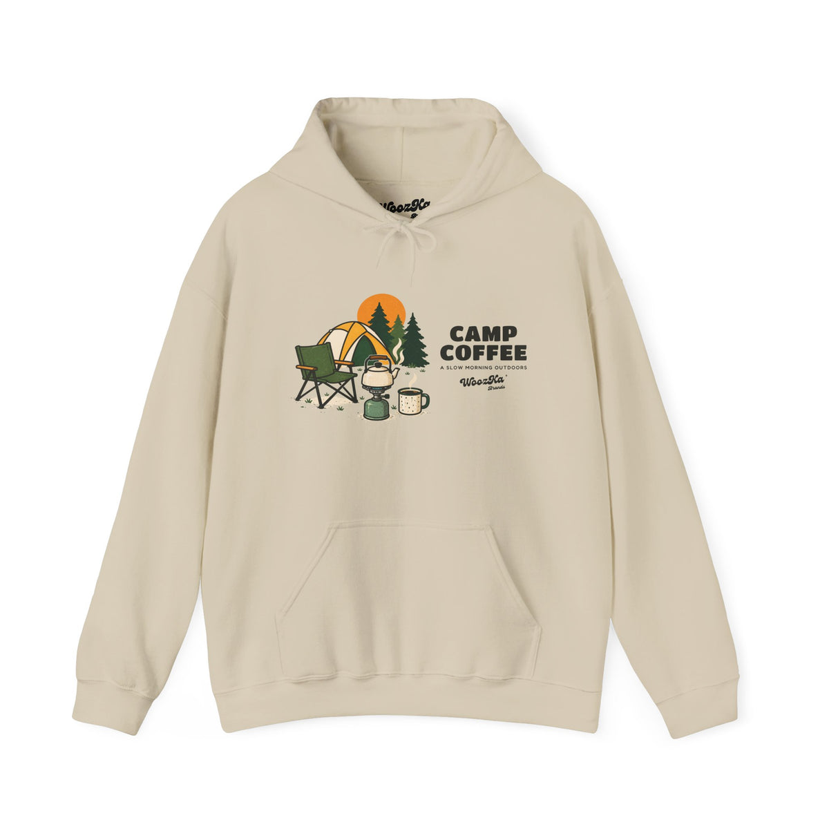 WoozKa Brands Camping Coffee Hoodie, Outdoor Tent Kettle Wide Front Print