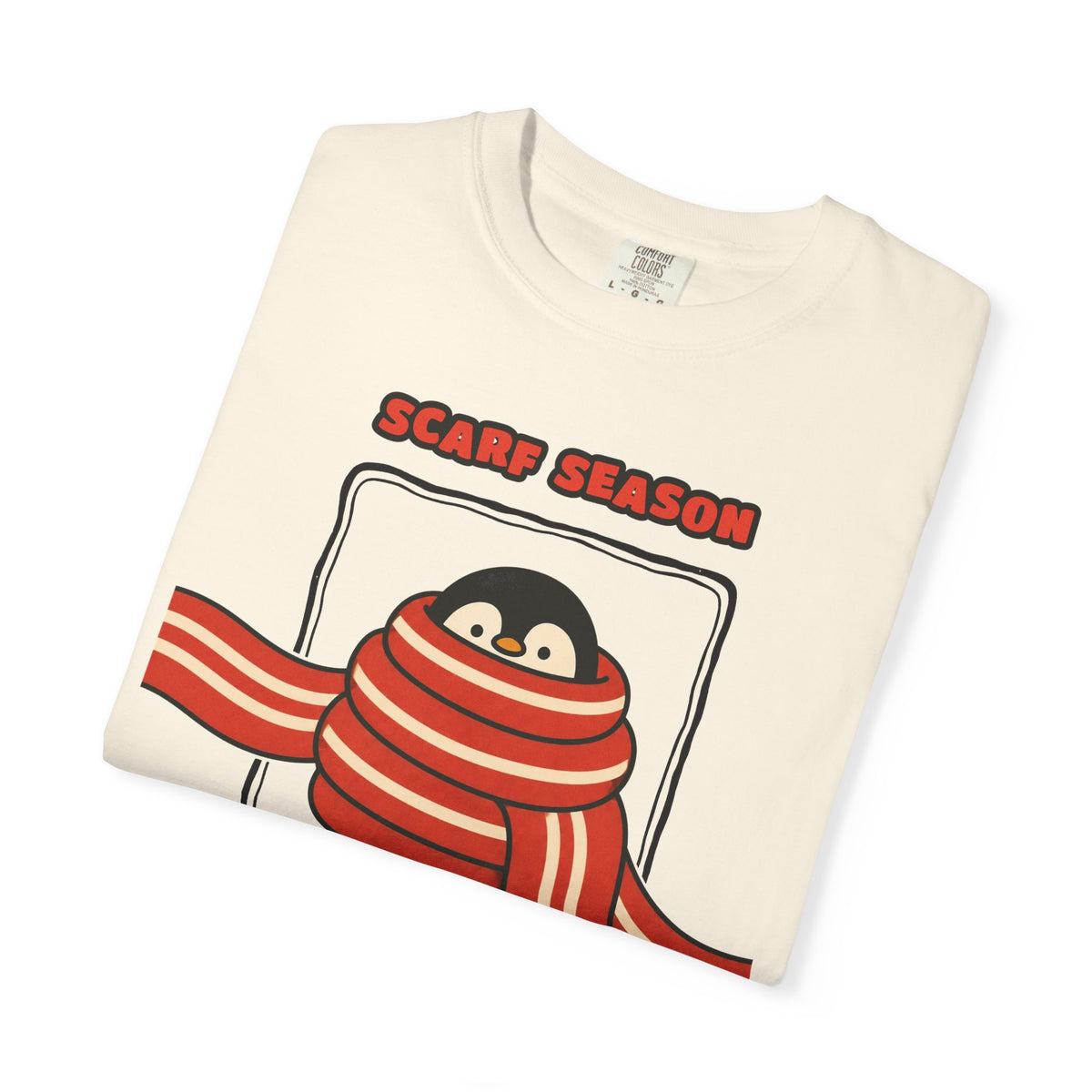 WoozKa Brands Scarf Season Penguin Garment-Dyed T-Shirt, Front Graphic