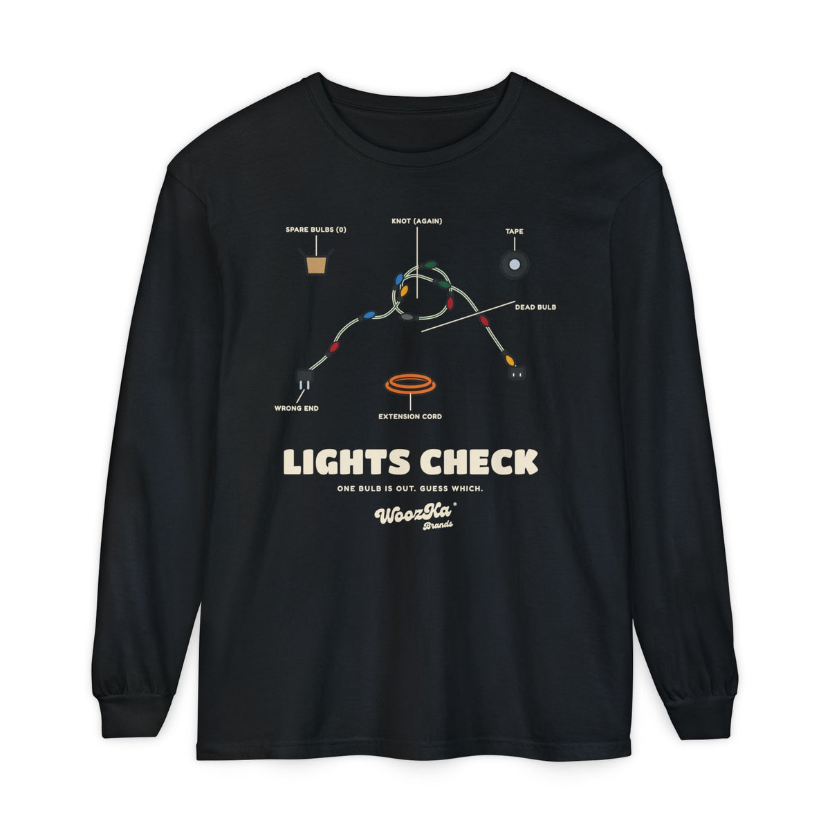 WoozKa Brands Christmas Lights Long Sleeve Tee, Funny Holiday Front Print