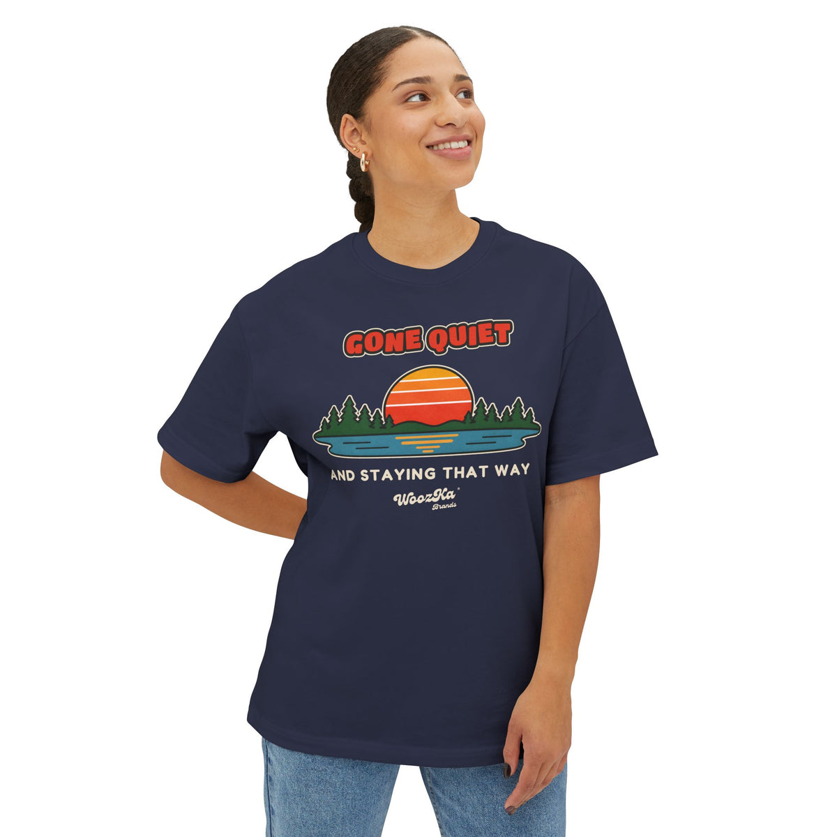 WoozKa Brands Retro Sunset Lake Oversized Tee, Nature Outdoors Front Print